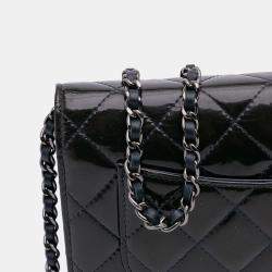 Pre Owned Chanel Black Blue CC Quilted Patent Wallet On Chain