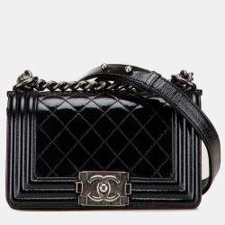 Pre Owned Chanel Black Small Quilted Patent Boy Flap