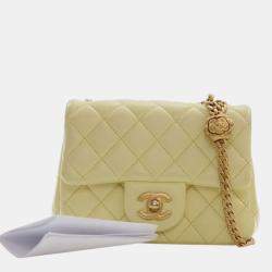 Pre Owned Chanel Yellow Mini Square Lambskin Sweet Camellia Flap