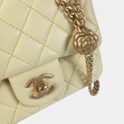Pre Owned Chanel Yellow Mini Square Lambskin Sweet Camellia Flap