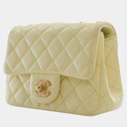 Pre Owned Chanel Yellow Mini Square Lambskin Sweet Camellia Flap