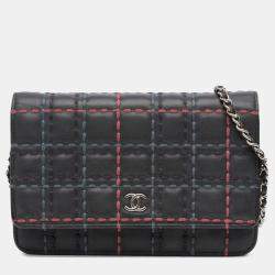 Pre Owned Chanel Blue CC Square Stitched Calfskin Wallet on Chain