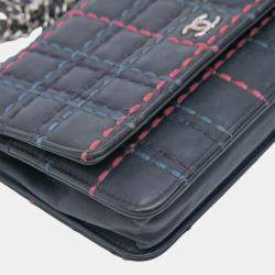 Pre Owned Chanel Blue CC Square Stitched Calfskin Wallet on Chain