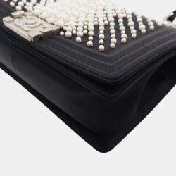 Pre Owned Chanel Old Medium Satin Pearl Embellished Boy Flap