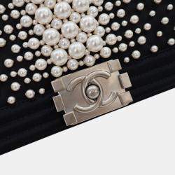 Pre Owned Chanel Old Medium Satin Pearl Embellished Boy Flap