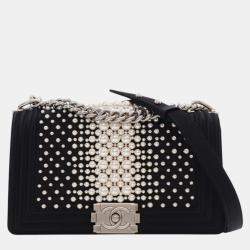 Pre Owned Chanel Old Medium Satin Pearl Embellished Boy Flap