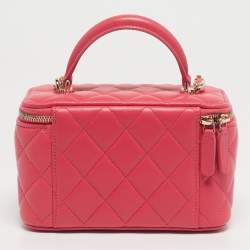 Pre Owned Chanel Pink Quilted Leather Small Vanity Case With Chain