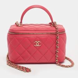 Pre Owned Chanel Pink Quilted Leather Small Vanity Case With Chain