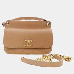 Pre Owned Chanel Brown Small Stitched Caviar CC Lock Top Handle Flap