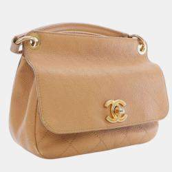 Pre Owned Chanel Brown Small Stitched Caviar CC Lock Top Handle Flap