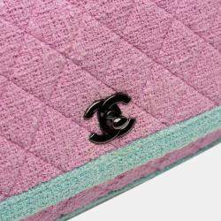 Pre Owned Chanel Green Pink CC Quilted Bicolor Tweed Flap