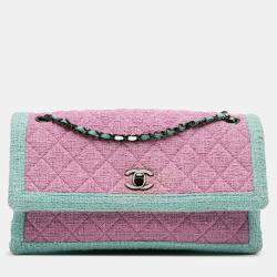 Pre Owned Chanel Green Pink CC Quilted Bicolor Tweed Flap