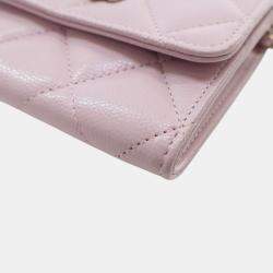 Pre Owned Chanel Pink Quilted Caviar Coco Candy Card Holder on Chain