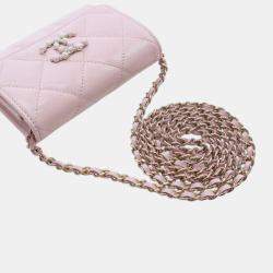 Pre Owned Chanel Pink Quilted Caviar Coco Candy Card Holder on Chain