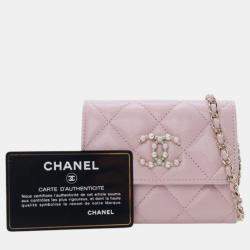 Pre Owned Chanel Pink Quilted Caviar Coco Candy Card Holder on Chain