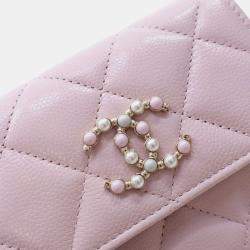 Pre Owned Chanel Pink Quilted Caviar Coco Candy Card Holder on Chain