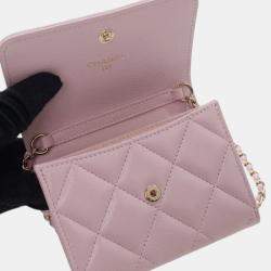 Pre Owned Chanel Pink Quilted Caviar Coco Candy Card Holder on Chain