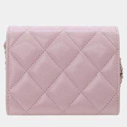 Pre Owned Chanel Pink Quilted Caviar Coco Candy Card Holder on Chain