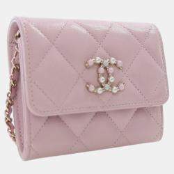 Pre Owned Chanel Pink Quilted Caviar Coco Candy Card Holder on Chain