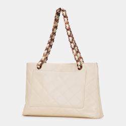 Pre Owned Chanel Cream CC Quilted Caviar Bekko Chain Tote