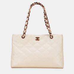 Pre Owned Chanel Cream CC Quilted Caviar Bekko Chain Tote