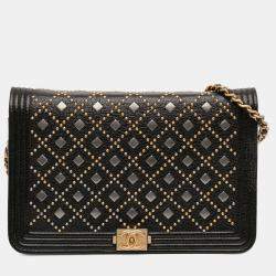 Pre Owned Chanel Black Studded Grained Calfskin Boy Wallet On Chain