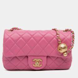 Pre Owned Chanel Pink Mini Rectangular Classic Lambskin Pearl Crush Single Flap