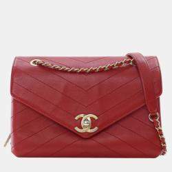 Pre Owned Chanel Red Small Chevron Lambskin Coco Envelope Flap
