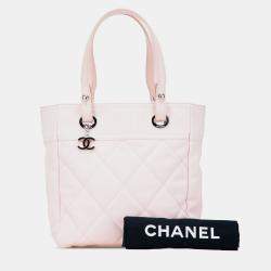 Pre Owned Chanel Pink Small Quilted Canvas Paris Biarritz Tote
