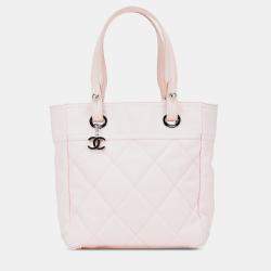 Pre Owned Chanel Pink Small Quilted Canvas Paris Biarritz Tote