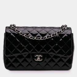 Pre Owned Chanel Black Jumbo Classic Patent Double Flap