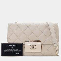 Pre Owned Chanel Cream Mini Sheepskin Beauty Lock Flap