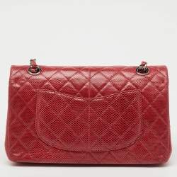 Pre Owned Chanel Red Quilted Snakeskin Medium Classic Double Flap Bag