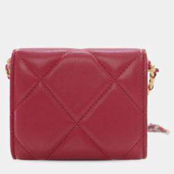 Pre Owned Chanel Red Quilted Lambskin Chanel 19 Card Holder On Chain
