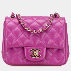 Pre Owned Chanel Purple Mini Square Classic Lambskin Single Flap