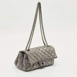 Pre Owned Chanel Metallic Grey Quilted Leather Triple Compartment Reissue Flap Bag