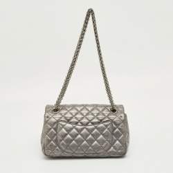 Pre Owned Chanel Metallic Grey Quilted Leather Triple Compartment Reissue Flap Bag