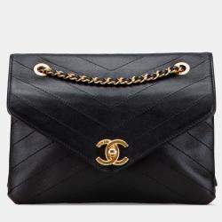 Pre Owned Chanel Black Small Chevron Lambskin Stitched Envelope Flap