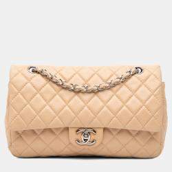 Pre Owned Chanel Beige Medium Classic Lambskin Double Flap