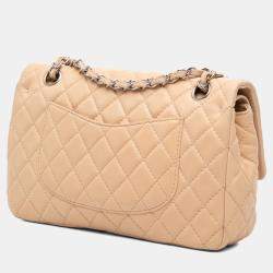 Pre Owned Chanel Beige Medium Classic Lambskin Double Flap