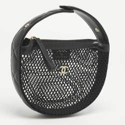 Pre Owned حقيبة شانيل دائرية صغيرة جلد وأسود مبطن شبك
