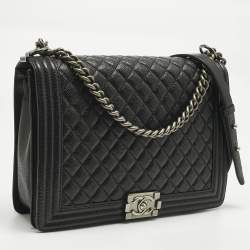Pre Owned Chanel Black Quilted Caviar Leather Large Boy Flap Bag
