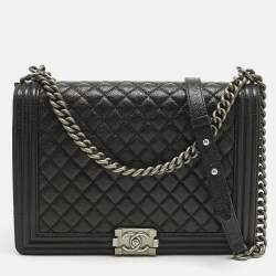 Pre Owned Chanel Black Quilted Caviar Leather Large Boy Flap Bag