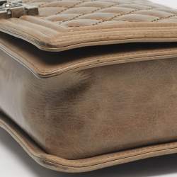 Pre Owned Chanel Beige Double Stitch Quilted Leather Large Boy Flap Bag