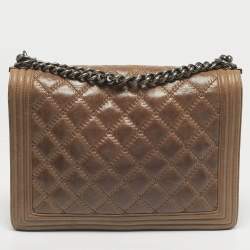 Pre Owned Chanel Beige Double Stitch Quilted Leather Large Boy Flap Bag