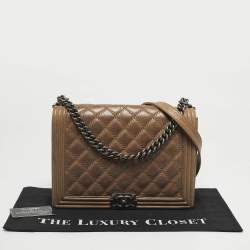 Pre Owned Chanel Beige Double Stitch Quilted Leather Large Boy Flap Bag