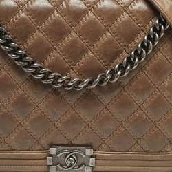 Pre Owned Chanel Beige Double Stitch Quilted Leather Large Boy Flap Bag