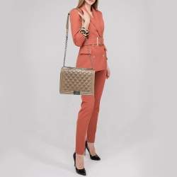 Pre Owned Chanel Beige Double Stitch Quilted Leather Large Boy Flap Bag