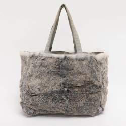 Pre Owned Chanel Beige/Blue Rabbit Fur CC Tote