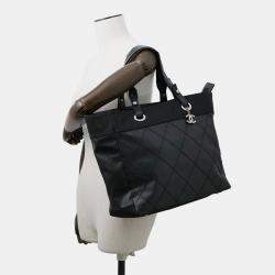 Pre Owned Chanel Paris-Biarritz Tote Bag Black Leather Canvas Size Mm